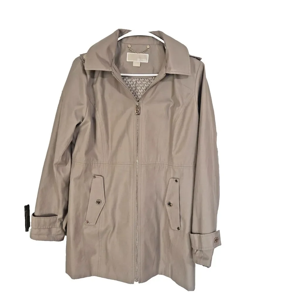 Michael Kors Petite M Khaki Hooded Rain Jacket Lightweight Gold Zip
